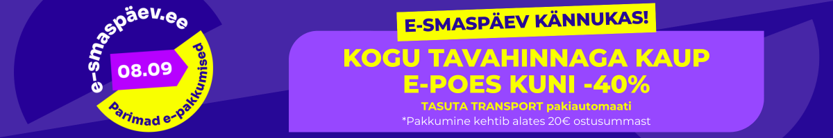 E-smaspäev Kännukas! Kogu tavahinnaga kaup e-poes kuni -40%! TASUTA TRANSPORT pakiautomaati. Pakkumine kehtib alates 20€ ostusummast. E-smaspäev 08.09, Parimad e-pakkumised