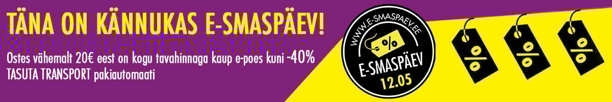 Täna on Kännukas E-smaspäev! Ostes vähemalt 20€ eest on kogu tavahinnaga kaup e-poes kuni -40%! TASUTA TRANSPORT pakiautomaati. E-smaspäev 12.05